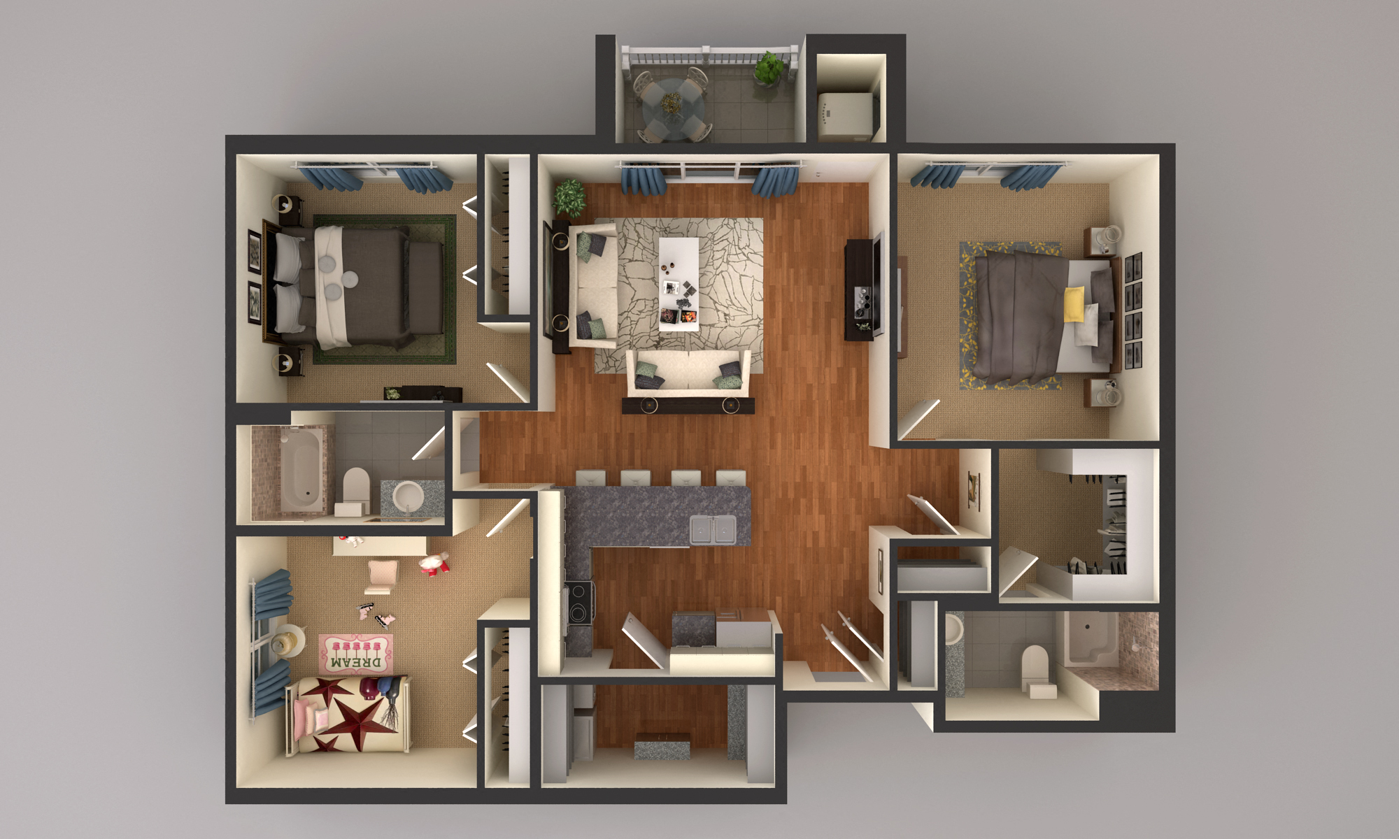Floor plan for 3 beds, 2 baths, 1374 sqft